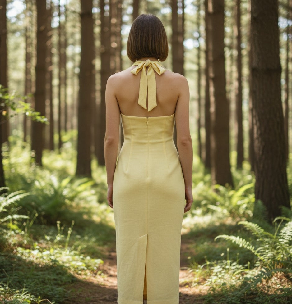 11605 Yellow halter crepe.  Just above ankle length