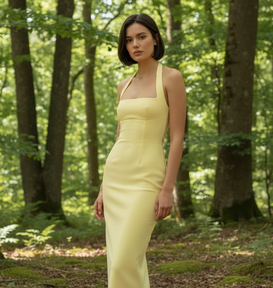 11605 Yellow halter crepe.  Just above ankle length