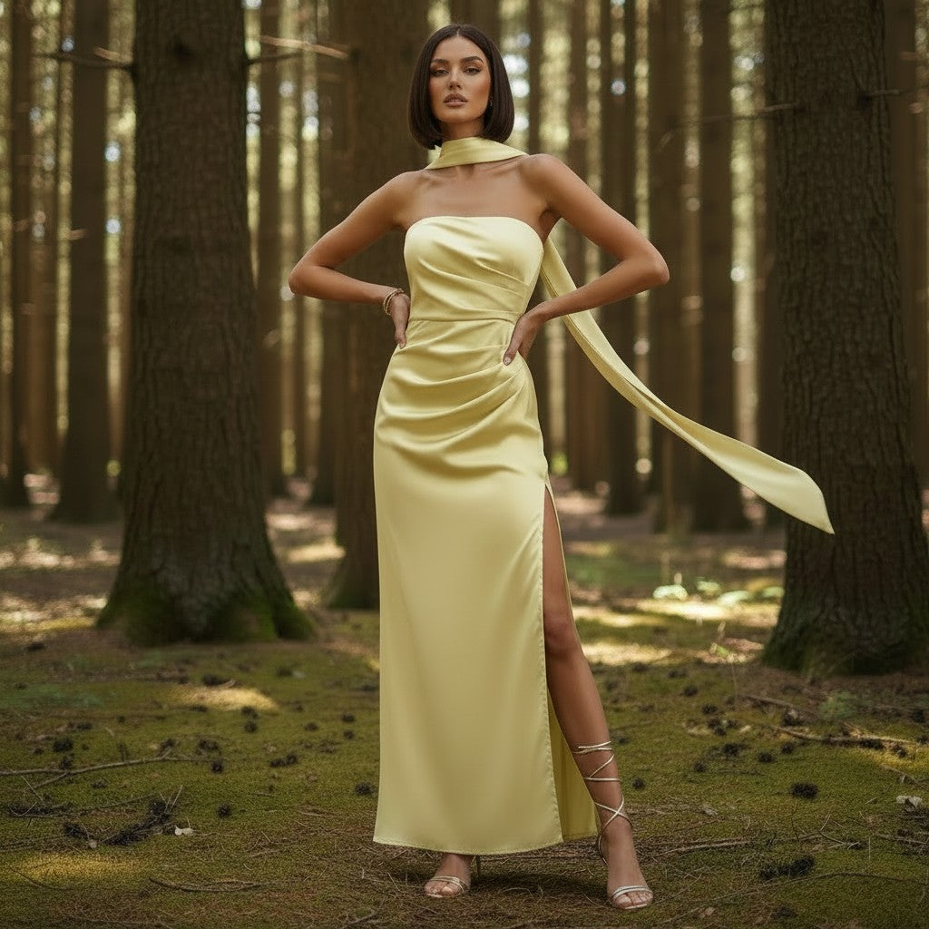 11606 Yellow strapless satin with split and scarf