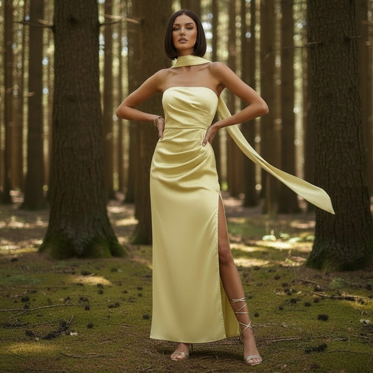 11606 Yellow strapless satin with split and scarf