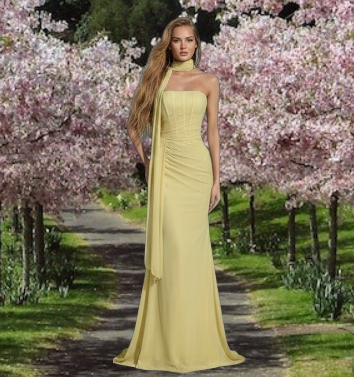 11607 Yellow strapless, semi fitted with long scarf  HIRE