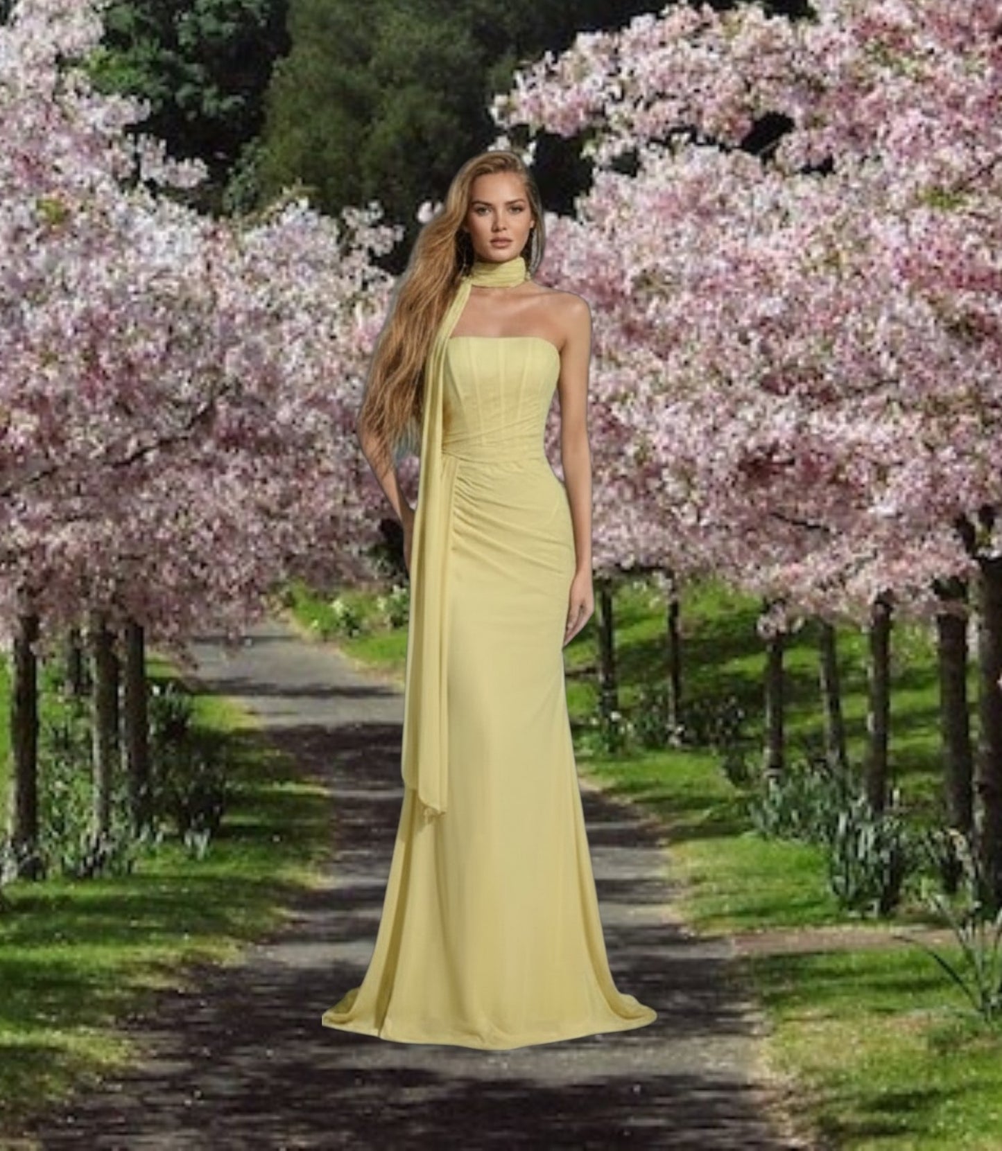 11607 Yellow strapless, semi fitted with long scarf