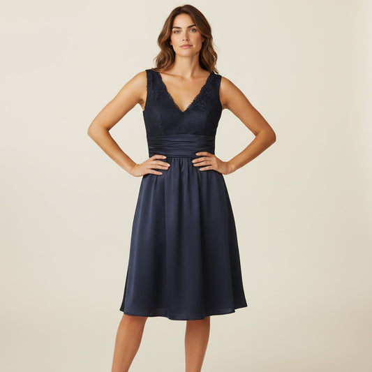 11617 Black satin and lace midi. V neck, low V back HIRE