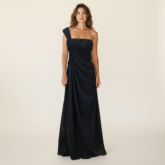 11618 Black chiffon, one shoulder maxi