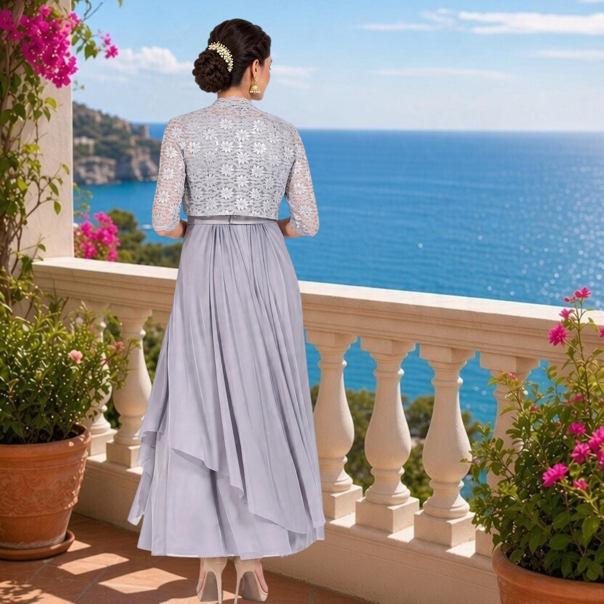 11622 Silver/grey. Ankle length dress with lace jacket