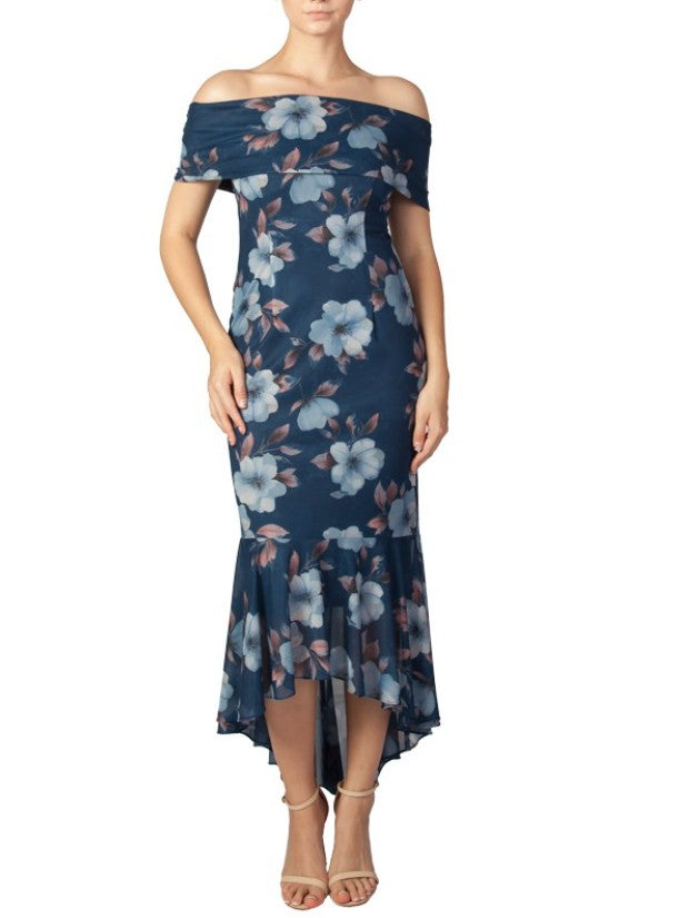 11631 Navy blue floral semi fitted. Off shoulder sleeves.