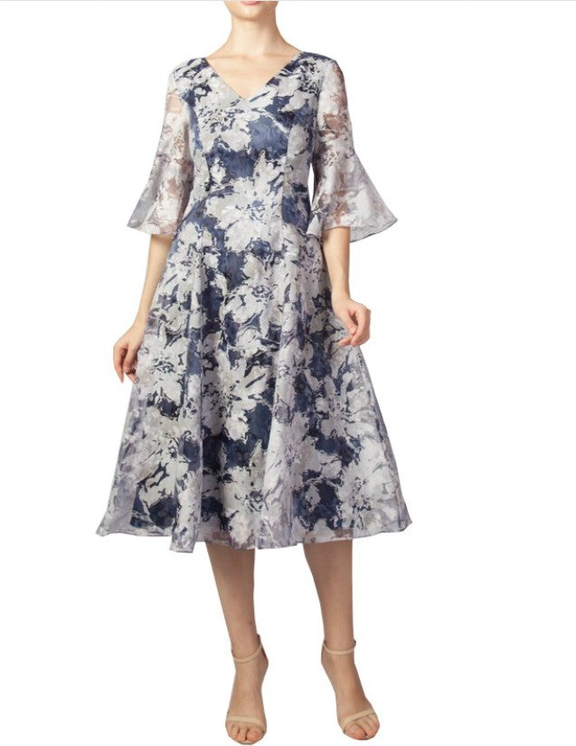 11632 Elegant navy and light blue floral midi.  3/4 Sleeve