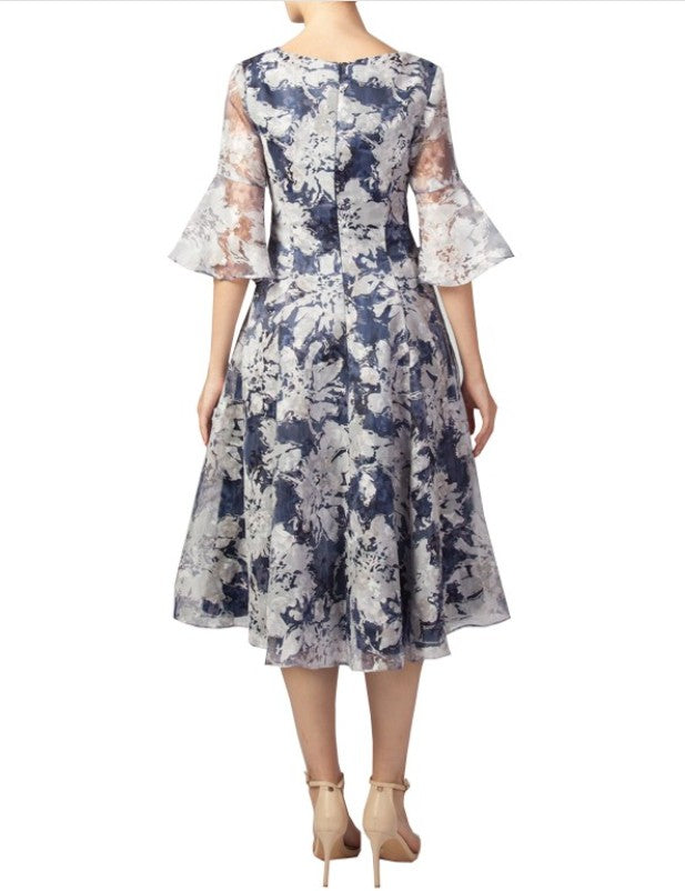 11632 Elegant navy and light blue floral midi.  3/4 Sleeve