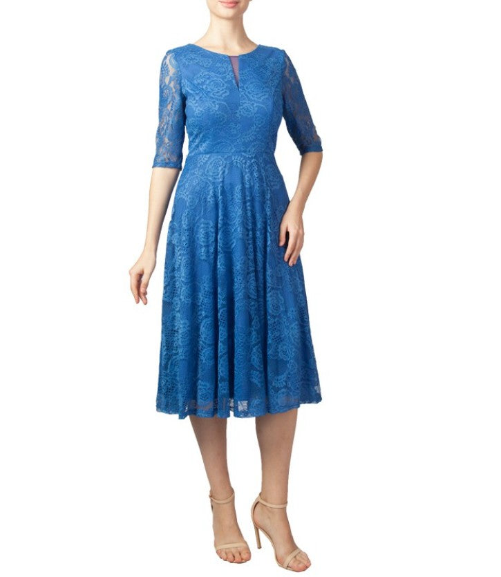 11635 Elegant royal blue lace midi.  3/4 Sleeve