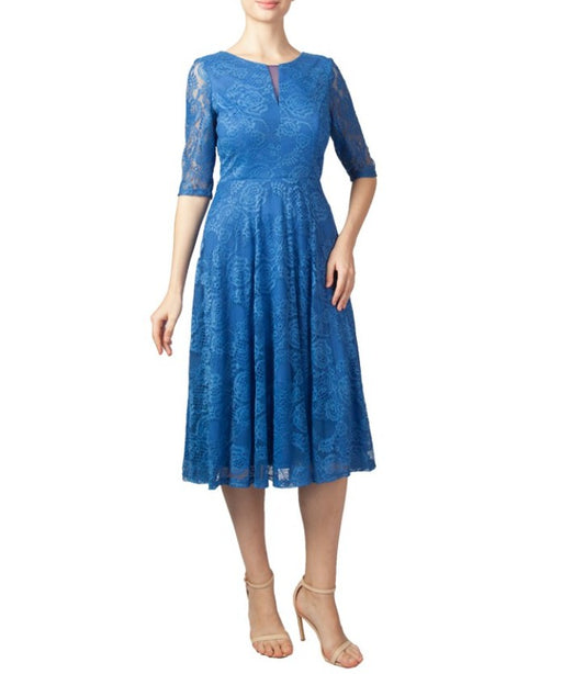 11635 Elegant royal blue lace midi.  3/4 Sleeve