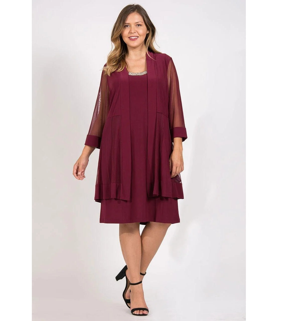 11640B Burgundy red, knee length dress separate jacket.