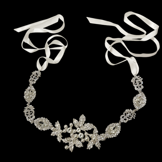7658 Silver crystal embellished hair vine - with simulated ivory pearls.