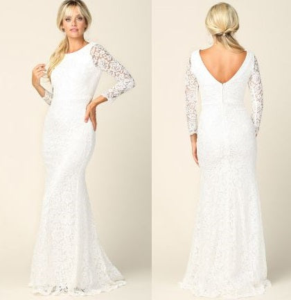 71242 Lace fit and flare with low V back and long sleeves. Size 26