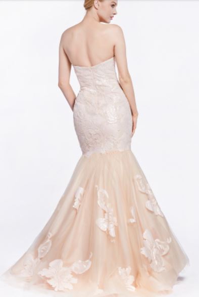 71304 Elegant champagne gown with floral applique