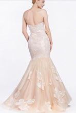 71304 Elegant champagne mermaid gown with floral applique. Size 8