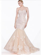 71304 Elegant champagne mermaid gown with floral applique. Size 8