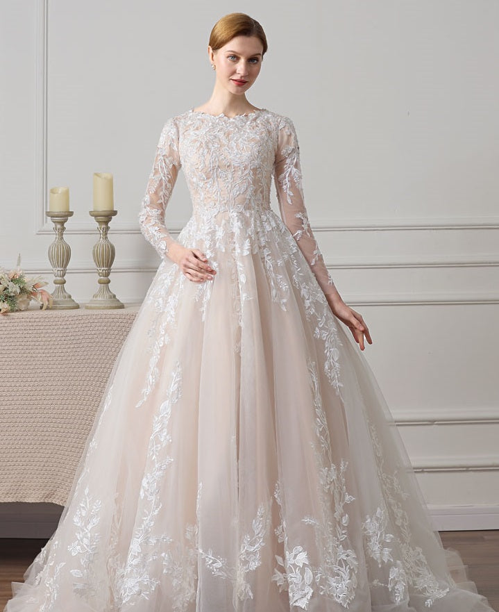 71336 Modest. Romantic lace. Long sheer sleeves. Beading.