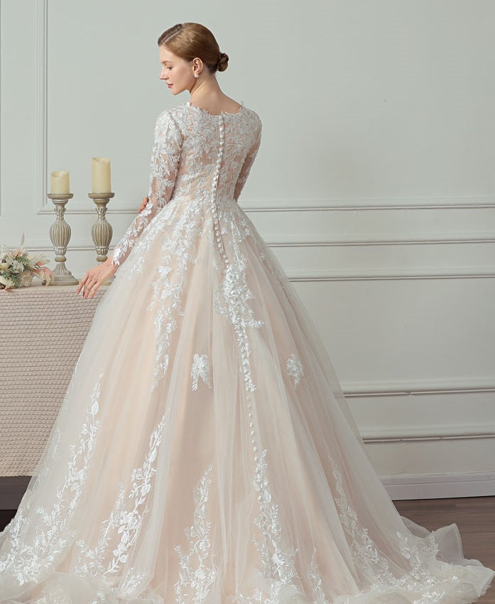 71336 Modest. Romantic lace. Long sheer sleeves. Beading.