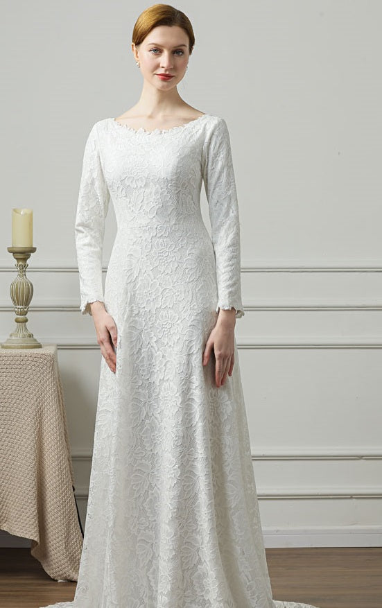 71338 Modest, lace wedding gown with long sleeves