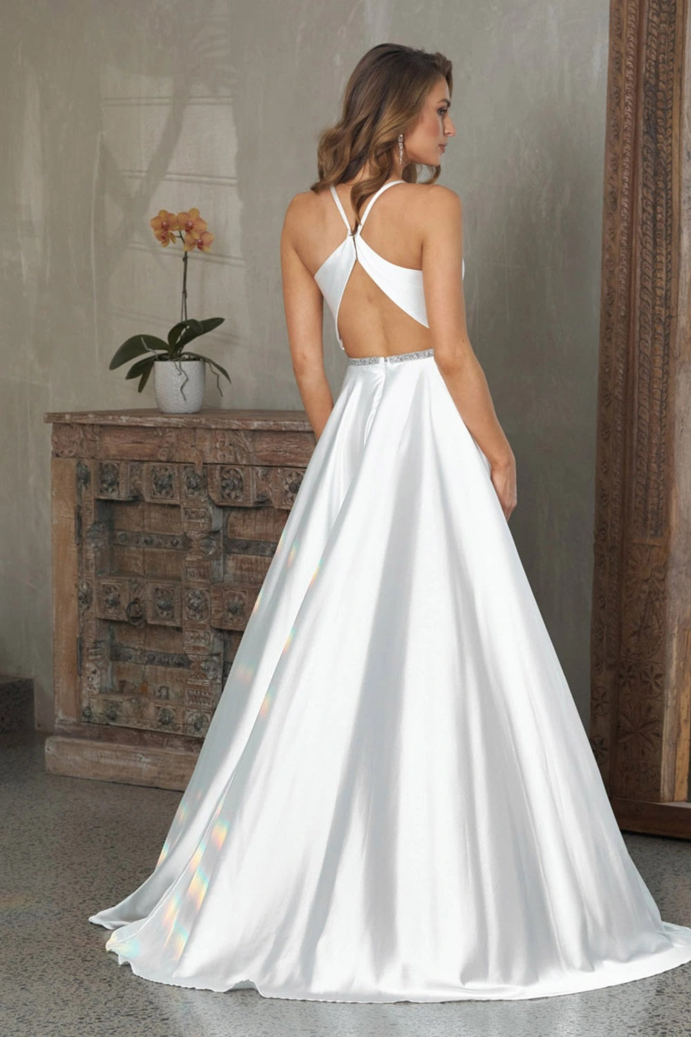 71423 Satin plunging V neckline. A line skirt. Keyhole back.