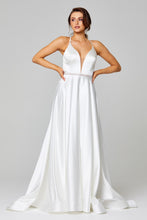 71423 Satin plunging V neckline. A line skirt. Keyhole back