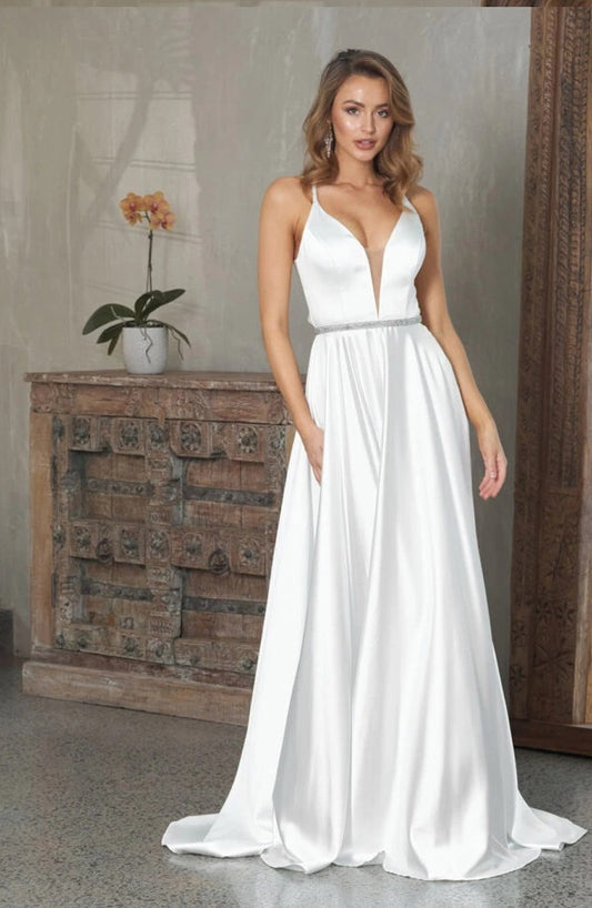 71423 Satin plunging V neckline. A line skirt. Keyhole back.