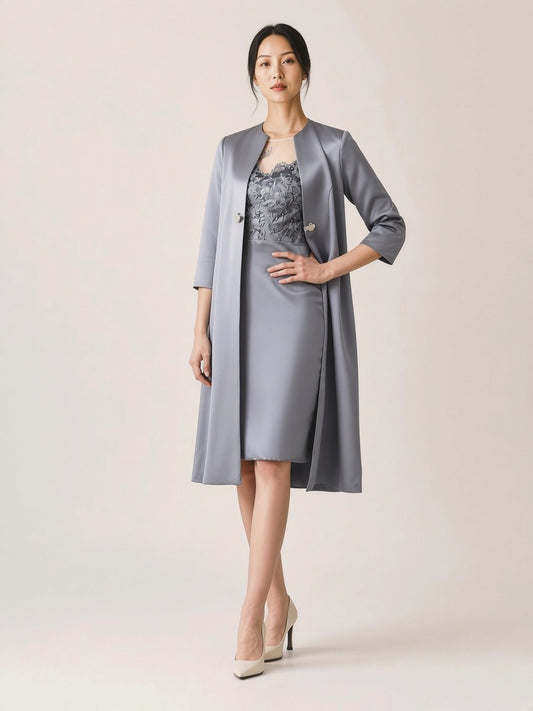71516 Grey satin dress suit. Lace applique and sleeves