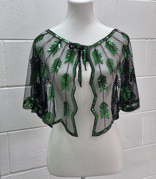 71525 Retro style. Beaded Sequins Cape. Green and black.