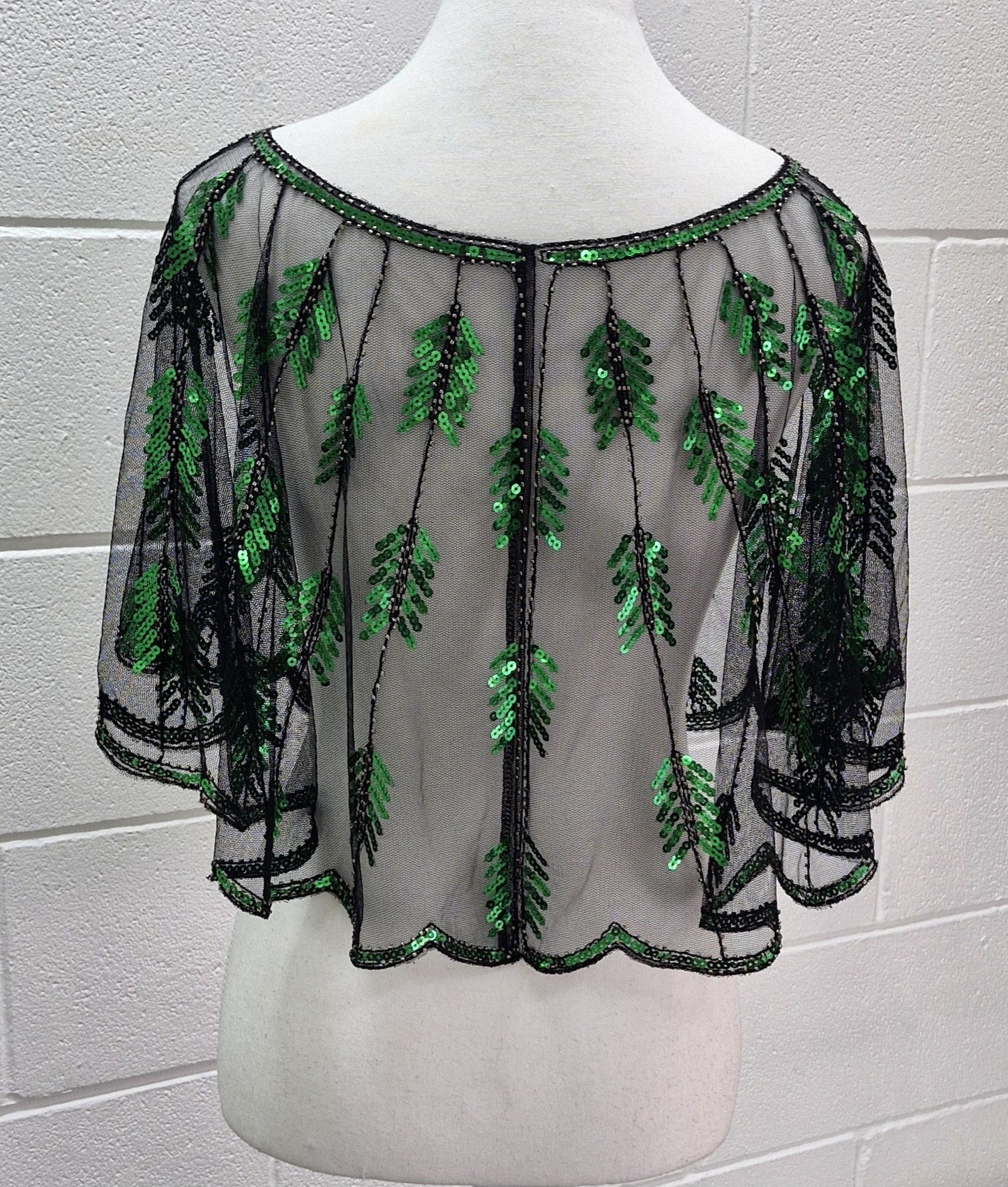 71525 Retro style. Beaded Sequins Cape. Green and black.