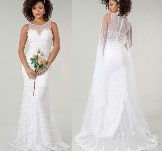 71606 Fit and flare lace gown with pearl detail and optional cape veil