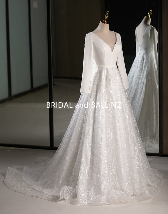 71651- Simple, elegant crepe and lace with long sleeves