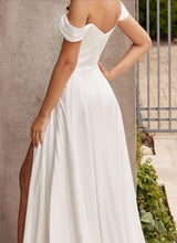 71715 Soft satin, simple A-line off shoulder with split.