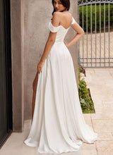 71715 Soft satin, simple A-line off shoulder with split.