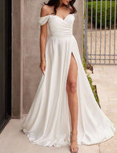 71715 Soft satin, simple A-line off shoulder with split.