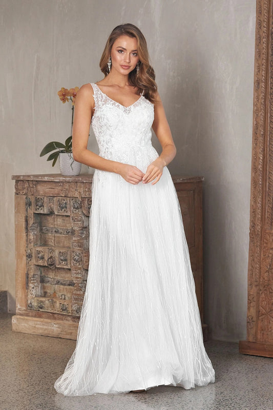 71730 V neckline. Low V back beaded bodice. Soft tulle skirt