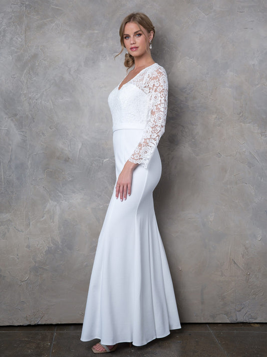 71755 Long sleeve lace gown with stretch crepe skirt