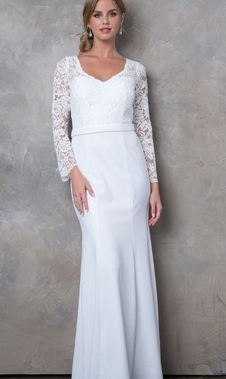 71755 Long sleeve lace gown with stretch crepe skirt