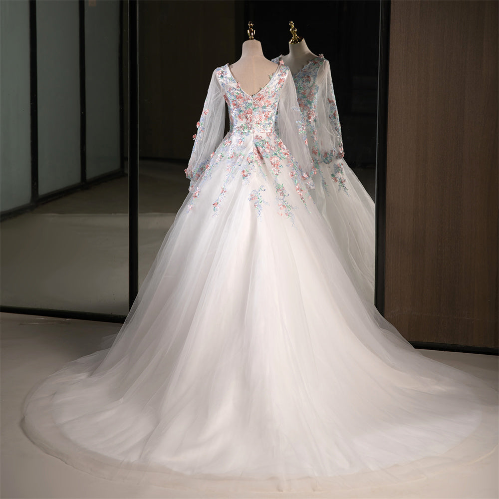 71762- A line wedding gown with floral detail and sleeves