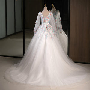 71762- Stunning A line wedding gown with floral detail and long sleeves