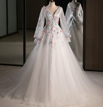 71762- Stunning A line wedding gown with floral detail and long sleeves