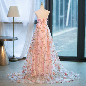 71764- Stunning A line, strapless pink wedding gown with 3D floral detail.