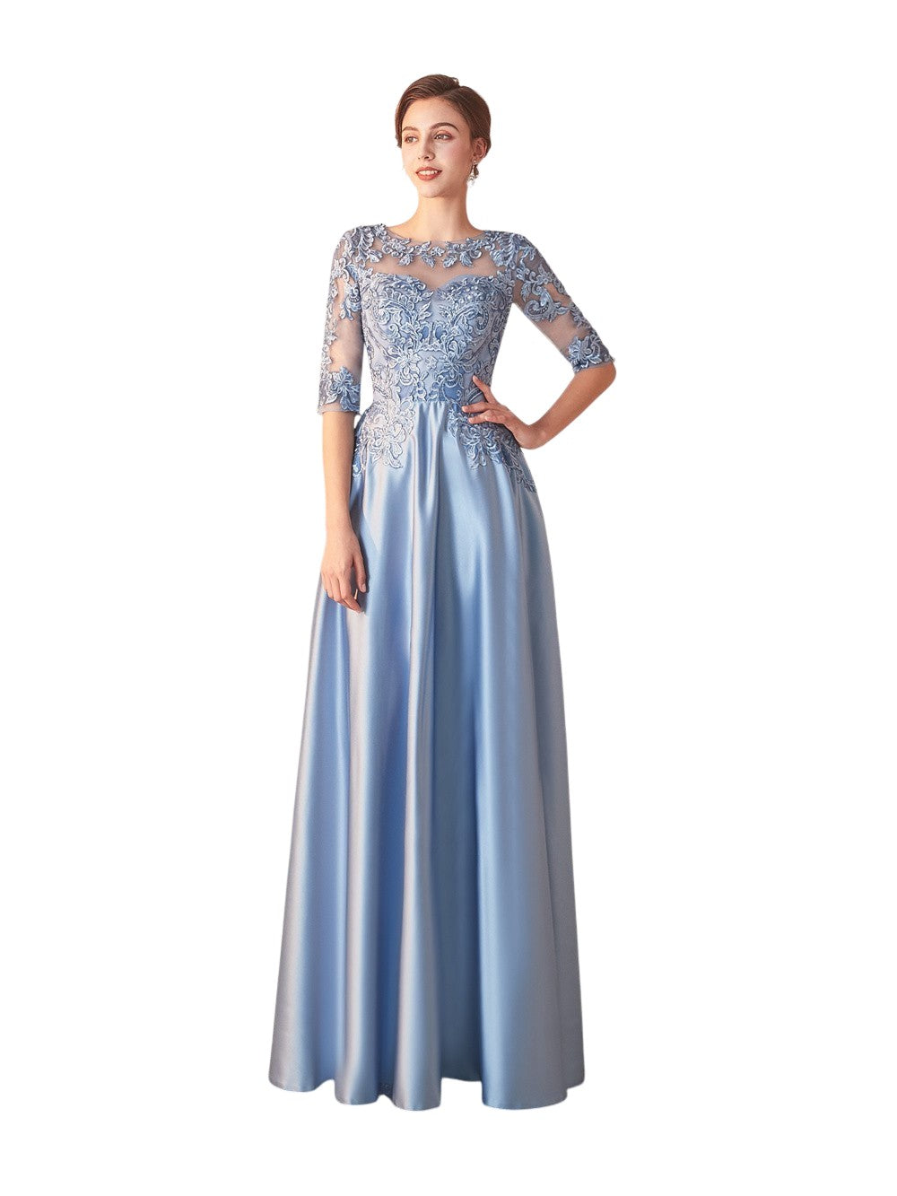 71767 light blue satin event gown with 3/4 sleeve