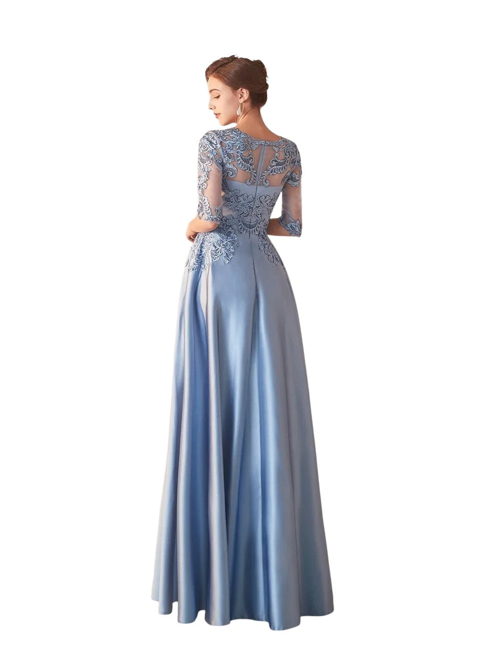 71767 light blue satin event gown with 3/4 sleeve