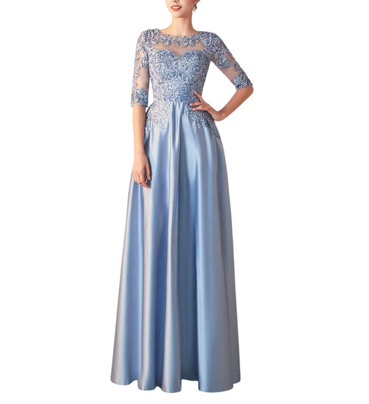 71767 light blue satin event gown with 3/4 sleeve