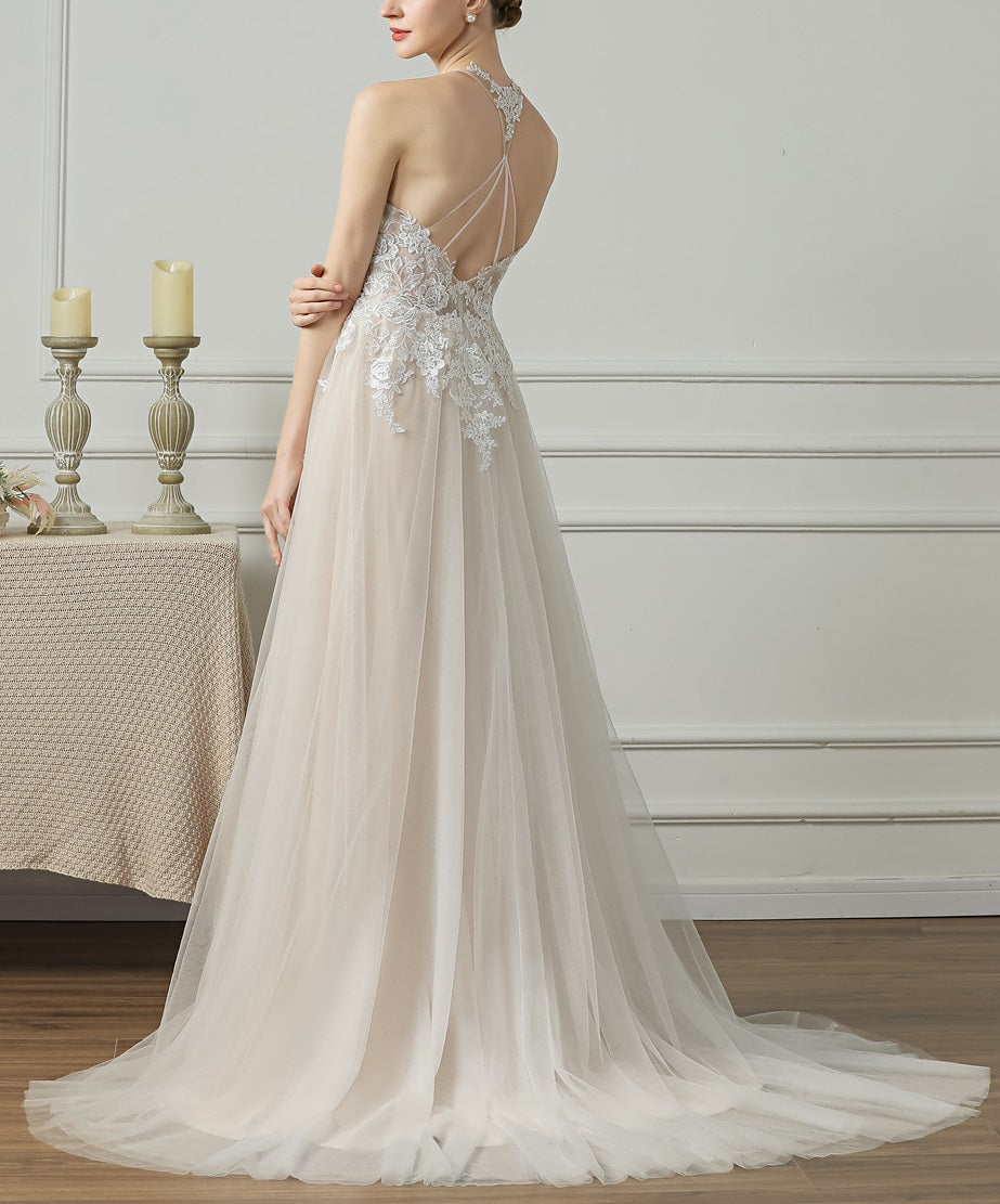 71770  Halter neck ,delicate back. A line soft tulle skirt.