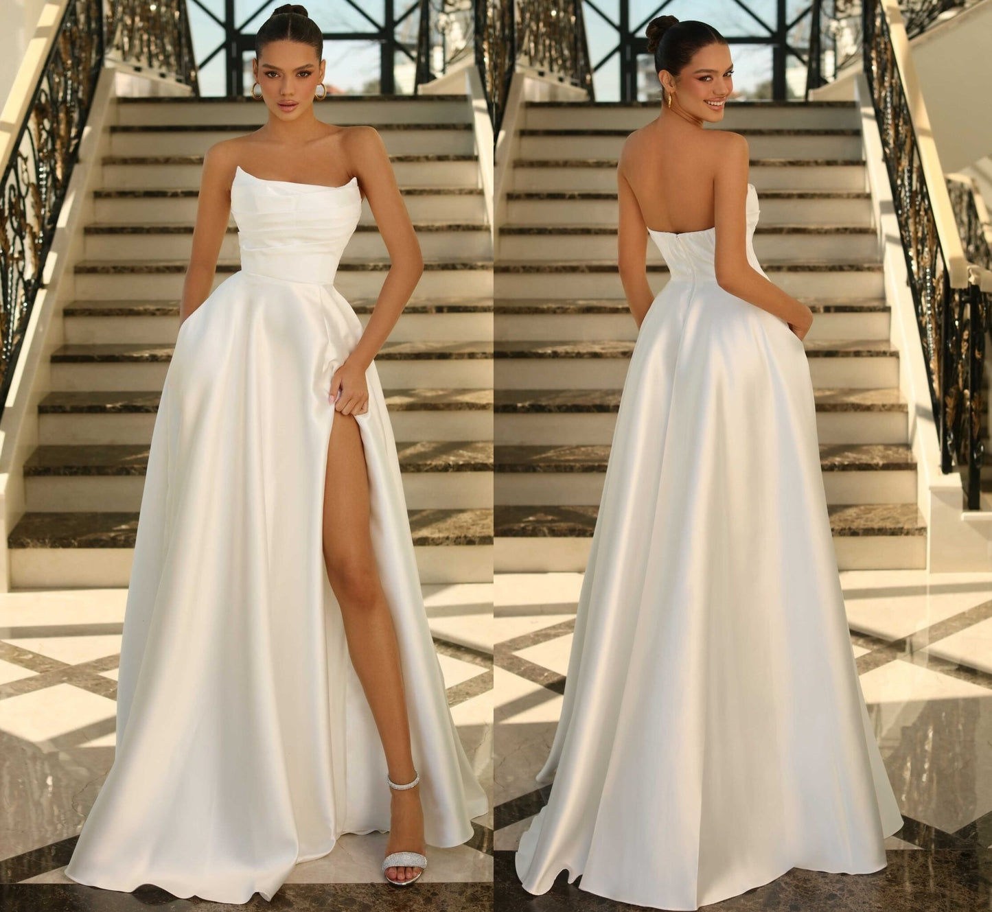 71830  Stunning strapless mikado satin wedding gown.