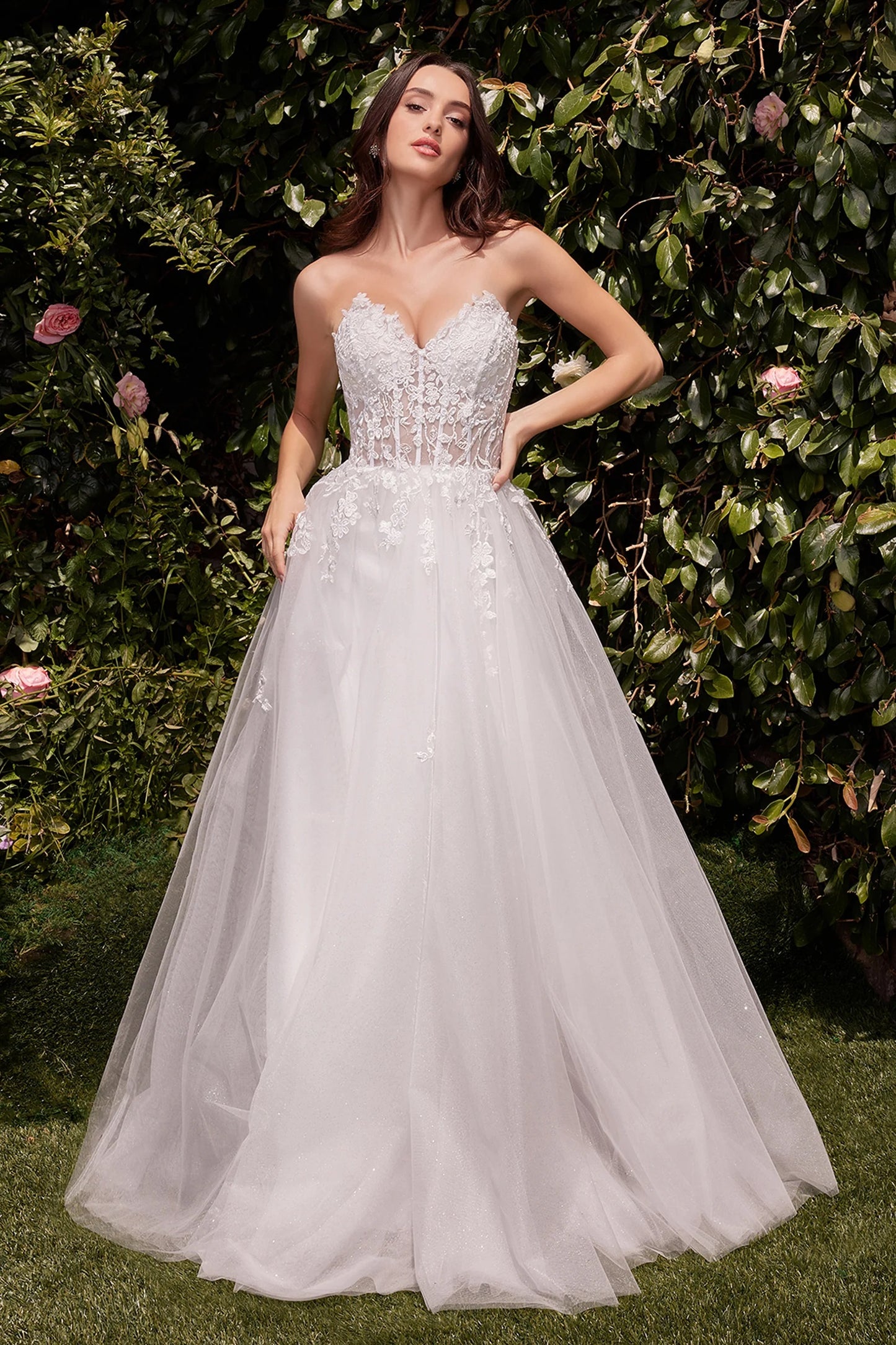 71840  Strapless sweetheart applique bodice a line.