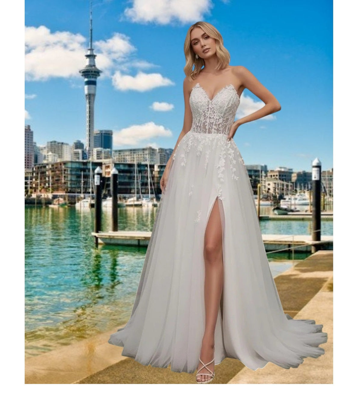 71840 Strapless sweetheart applique bodice