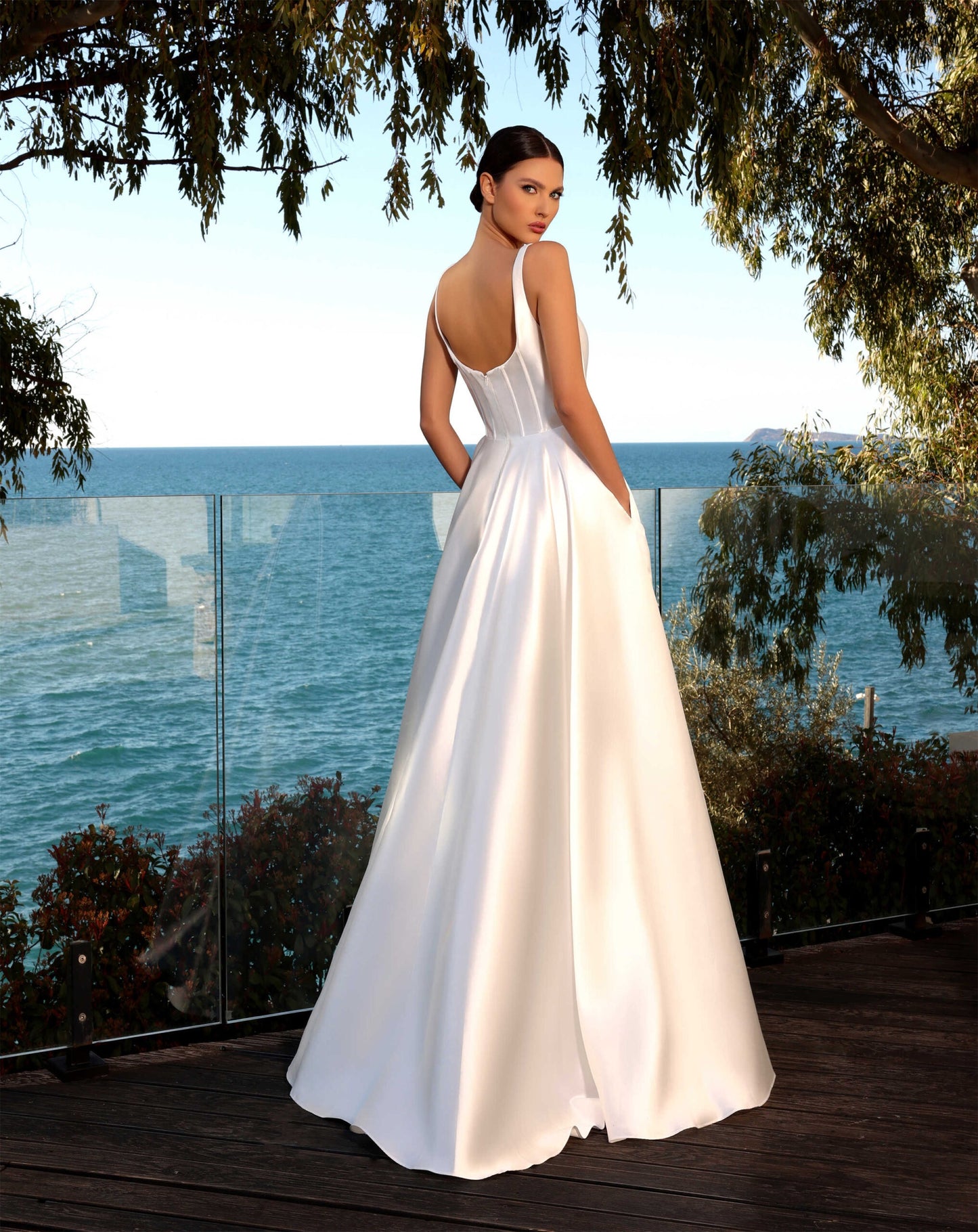 71845 / ARYA. Stunning boat neckline. Mikado satin gown.