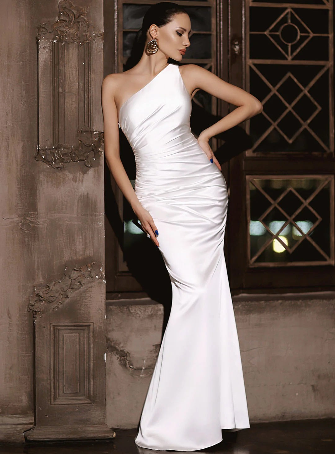 71846 Classic, fitted one shoulder luxurious satin gown